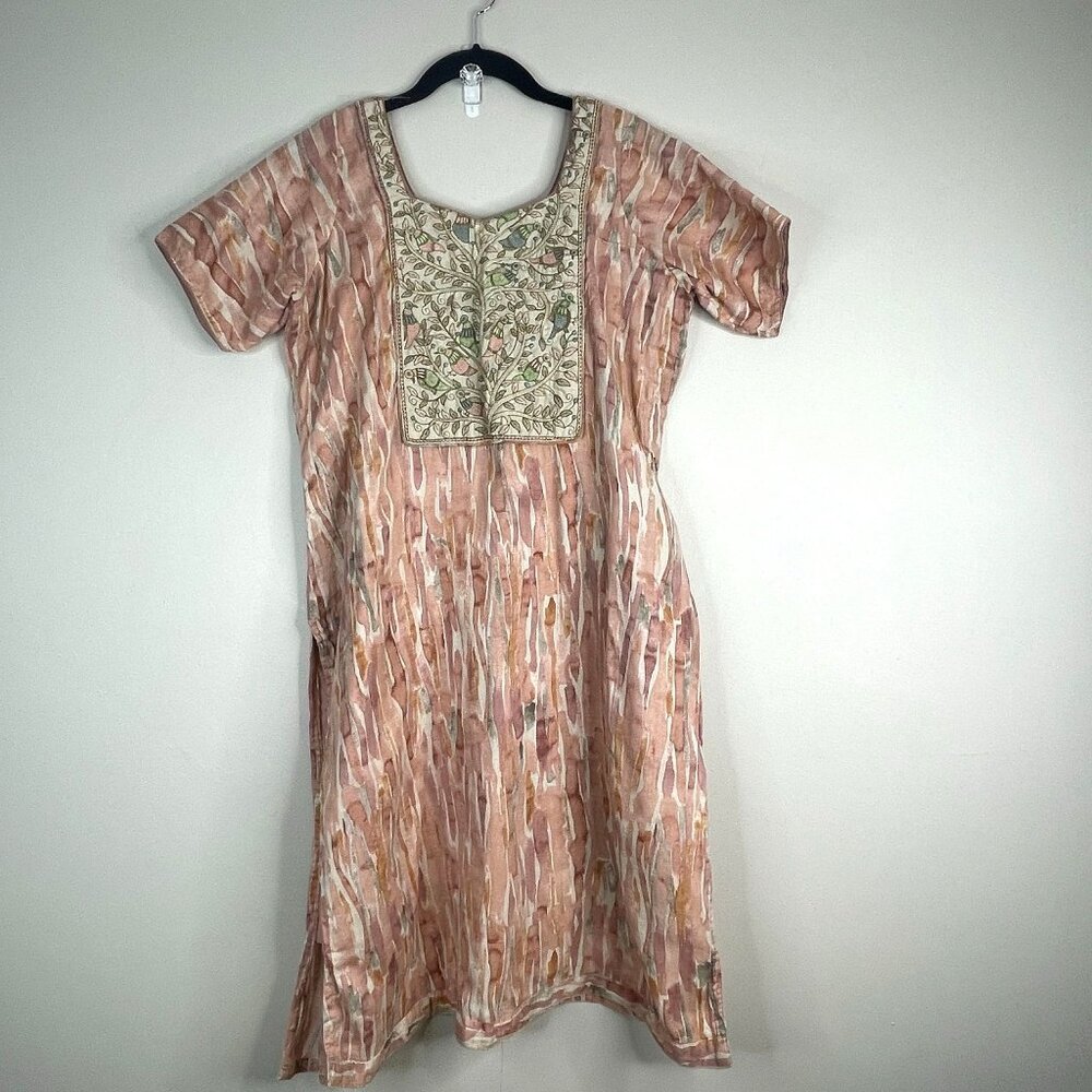 Indian Kurta Tunic Dress Womens Large Embroidered Bird Nature Art Pullover Midi